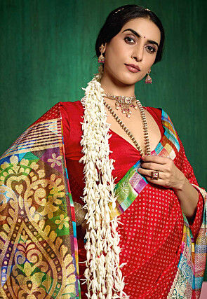 Bandhej Printed Tussar Silk Saree in Red