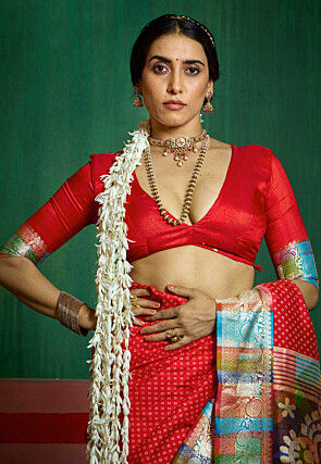 Bandhej Printed Tussar Silk Saree in Red
