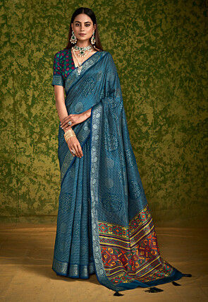 Bandhej Printed Tussar Silk Saree in Teal Blue