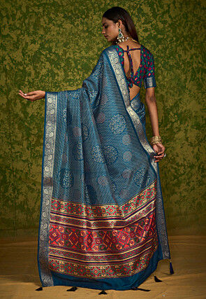 Bandhej Printed Tussar Silk Saree in Teal Blue