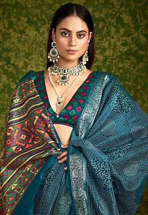 Bandhej Printed Tussar Silk Saree in Teal Blue