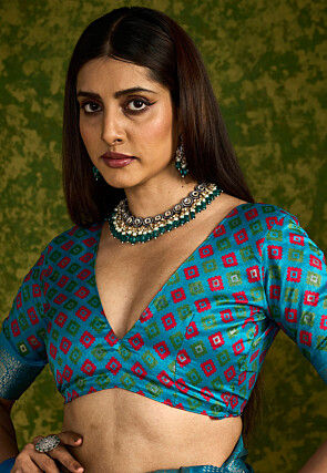 Bandhej Printed Tussar Silk Saree in Teal Blue