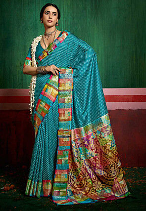 Bandhej Printed Tussar Silk Saree in Teal Blue