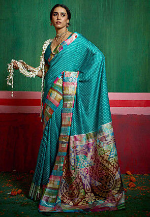 Bandhej Printed Tussar Silk Saree in Teal Blue