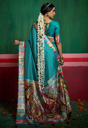 Bandhej Printed Tussar Silk Saree in Teal Blue