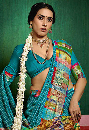 Bandhej Printed Tussar Silk Saree in Teal Blue