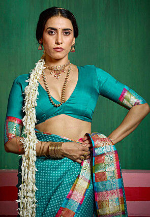 Bandhej Printed Tussar Silk Saree in Teal Blue