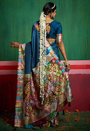 Bandhej Printed Tussar Silk Saree in Teal Blue