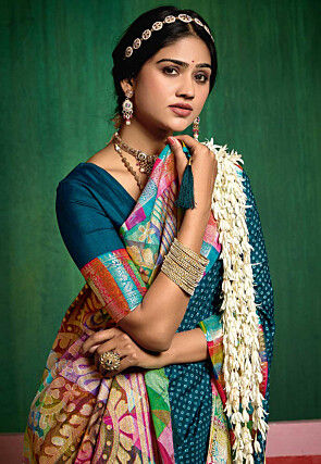 Bandhej Printed Tussar Silk Saree in Teal Blue