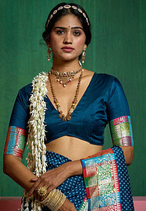 Bandhej Printed Tussar Silk Saree in Teal Blue