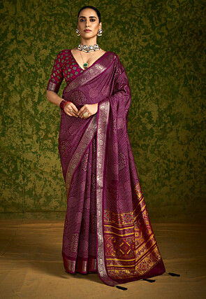 Bandhej Printed Tussar Silk Saree in Violet