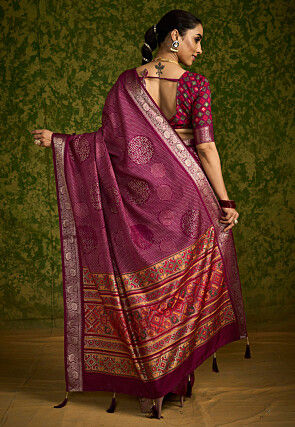 Bandhej Printed Tussar Silk Saree in Violet
