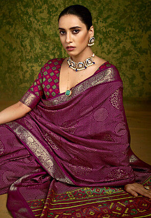 Bandhej Printed Tussar Silk Saree in Violet