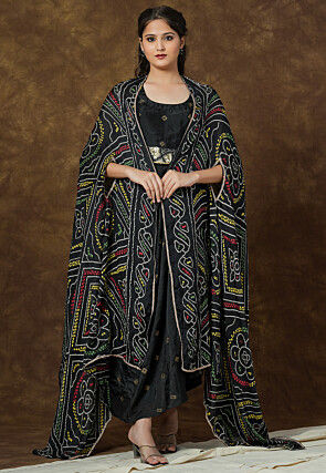 Bandhej Printed Upada Silk Drape Dress in Black