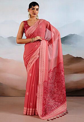 Bandhej Printed Viscose Cotton Saree in Coral Pink