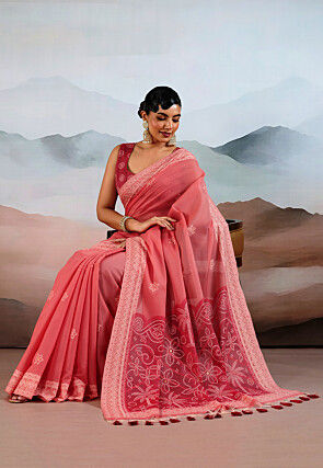 Bandhej Printed Viscose Cotton Saree in Coral Pink