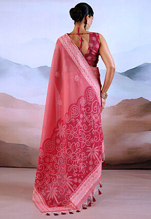 Bandhej Printed Viscose Cotton Saree in Coral Pink
