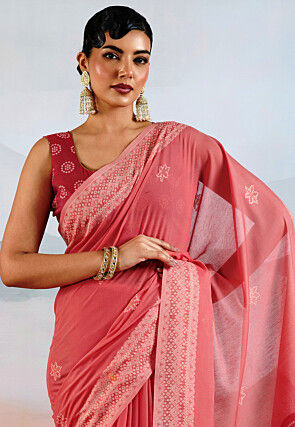 Bandhej Printed Viscose Cotton Saree in Coral Pink