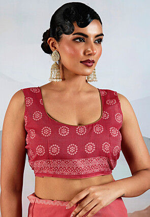Bandhej Printed Viscose Cotton Saree in Coral Pink