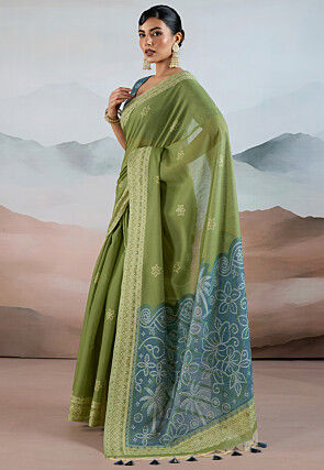 Bandhej Printed Viscose Cotton Saree in Light Green