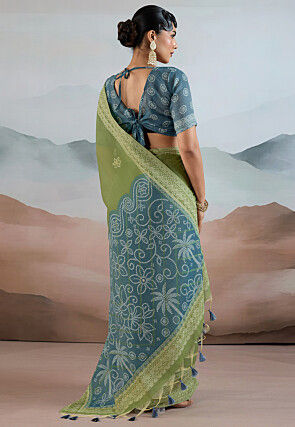 Bandhej Printed Viscose Cotton Saree in Light Green
