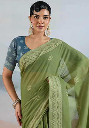 Bandhej Printed Viscose Cotton Saree in Light Green