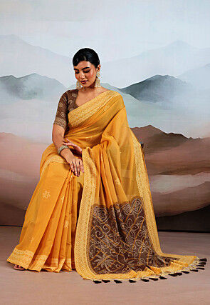 Bandhej Printed Viscose Cotton Saree in Mustard