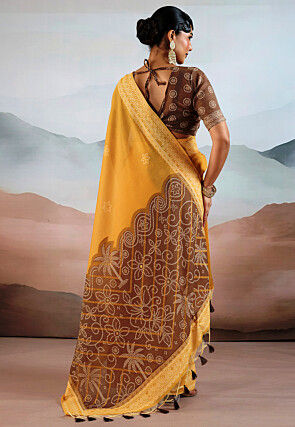 Bandhej Printed Viscose Cotton Saree in Mustard