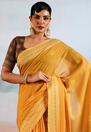 Bandhej Printed Viscose Cotton Saree in Mustard