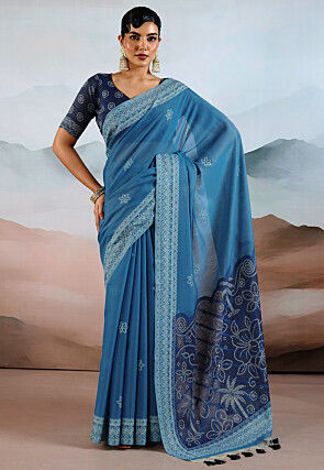 Bandhej Printed Viscose Cotton Saree in Teal Blue