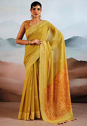 Bandhej Printed Viscose Cotton Saree in Yellow