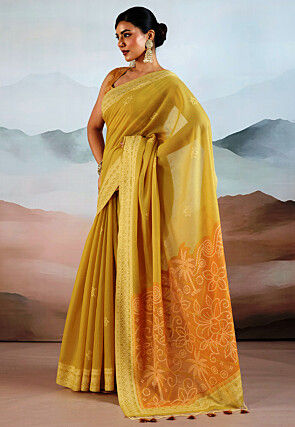Bandhej Printed Viscose Cotton Saree in Yellow