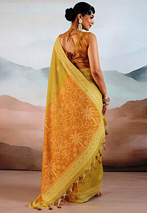 Bandhej Printed Viscose Cotton Saree in Yellow
