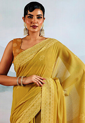 Bandhej Printed Viscose Cotton Saree in Yellow