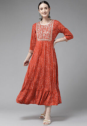 Bandhej Printed Viscose Rayon Dress in Rust