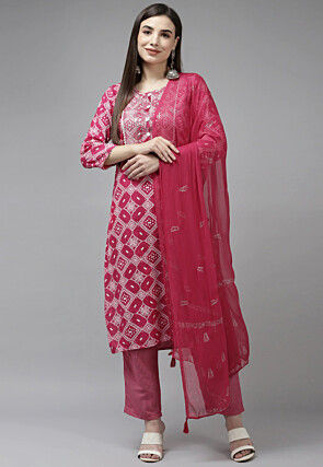 Bandhej Printed Viscose Rayon Pakistani Suit in Dark Fuchsia