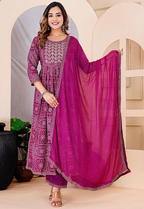 Bandhej Printed Viscose Rayon Pakistani Suit in Purple