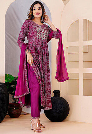 Bandhej Printed Viscose Rayon Pakistani Suit in Purple