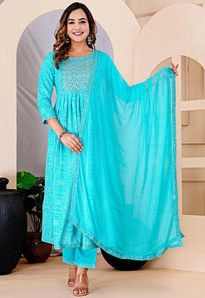 Bandhej Printed Viscose Rayon Pakistani Suit in Turquoise