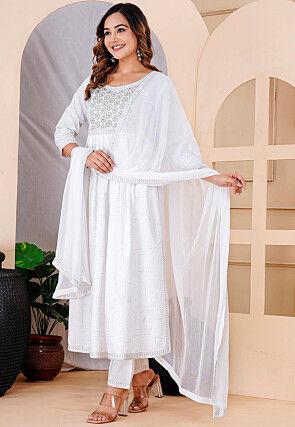 Bandhej Printed Viscose Rayon Pakistani Suit in White