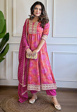 Bandhej Printed Viscose Silk Anarkali Suits in Magenta and Orange