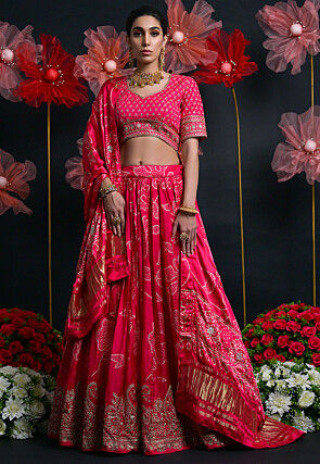 Bandhej Printed Art Silk Lehenga in Fuchsia