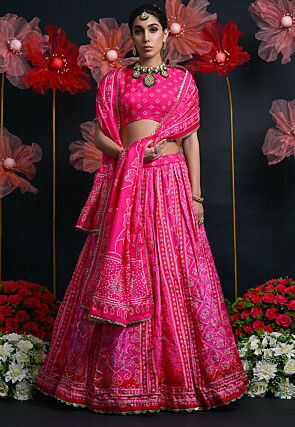 Bandhej Printed Art Silk Lehenga in Fuchsia