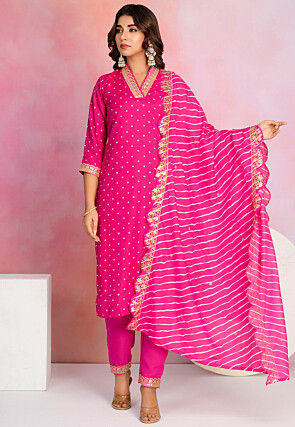Bandhej Printed Viscose Silk Pakistani Suit in Fuchsia