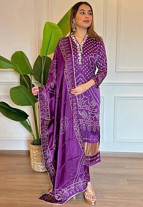 Bandhej Printed Viscose Silk Pakistani Suit in Purple