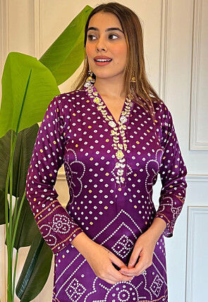Bandhej Printed Viscose Silk Pakistani Suit in Purple
