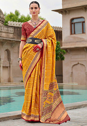 Bandhej Printed Viscose Silk Saree in Yellow