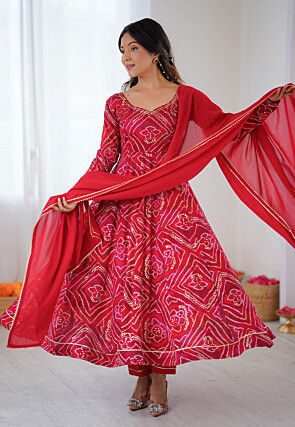 Bandhej Printed Viscous Rayon A Line Suit in Pink and Red