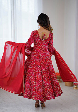 Bandhej Printed Viscous Rayon A Line Suit in Pink and Red