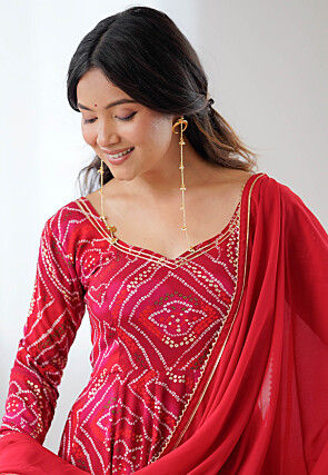 Bandhej Printed Viscous Rayon A Line Suit in Pink and Red
